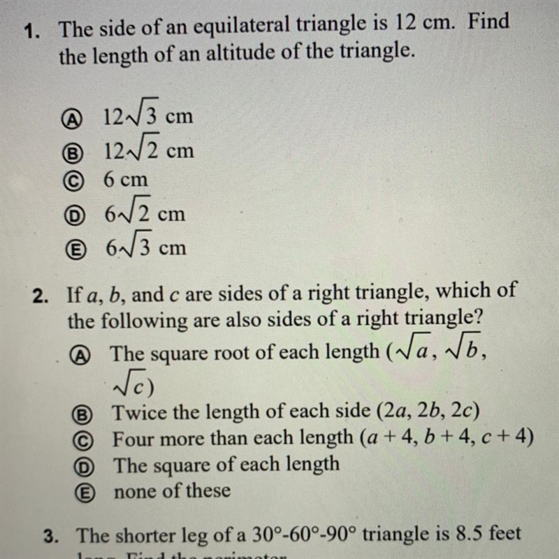 if a, b, and c are sides of a right triangle, which of the following sides are also-example-1