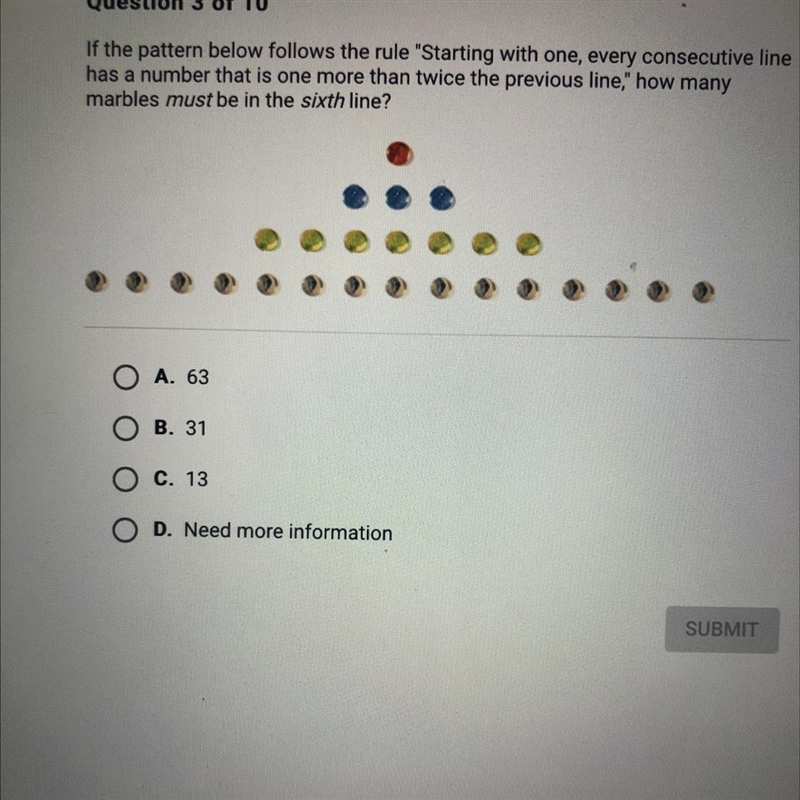 HELP ME PLEASE ASAP?! If the pattern below follows the rule "Starting with one-example-1