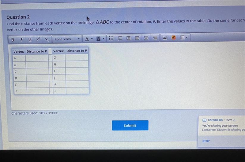 Find the distance from each vertex on the preimage ABC to the center of rotation p-example-1