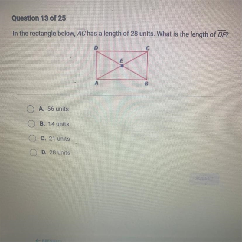 Pls help for final!!! In the rectangle below, AC has a length of 28 units. What is-example-1