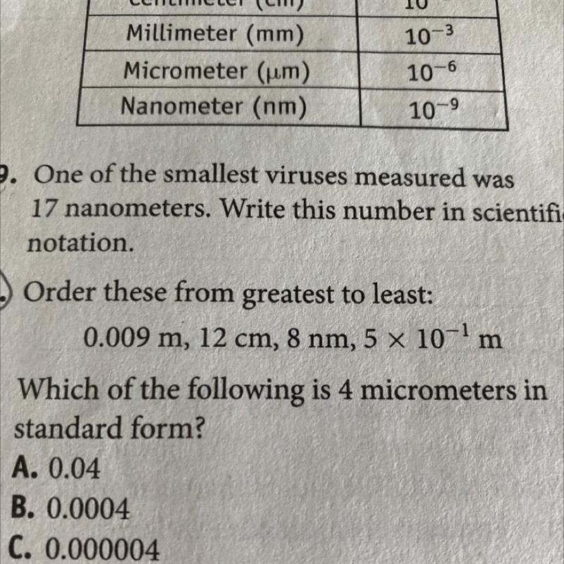 Order these from greatest to least: 0.009 m, 12 cm, 8 nm, 5 x 10^-1 m-example-1