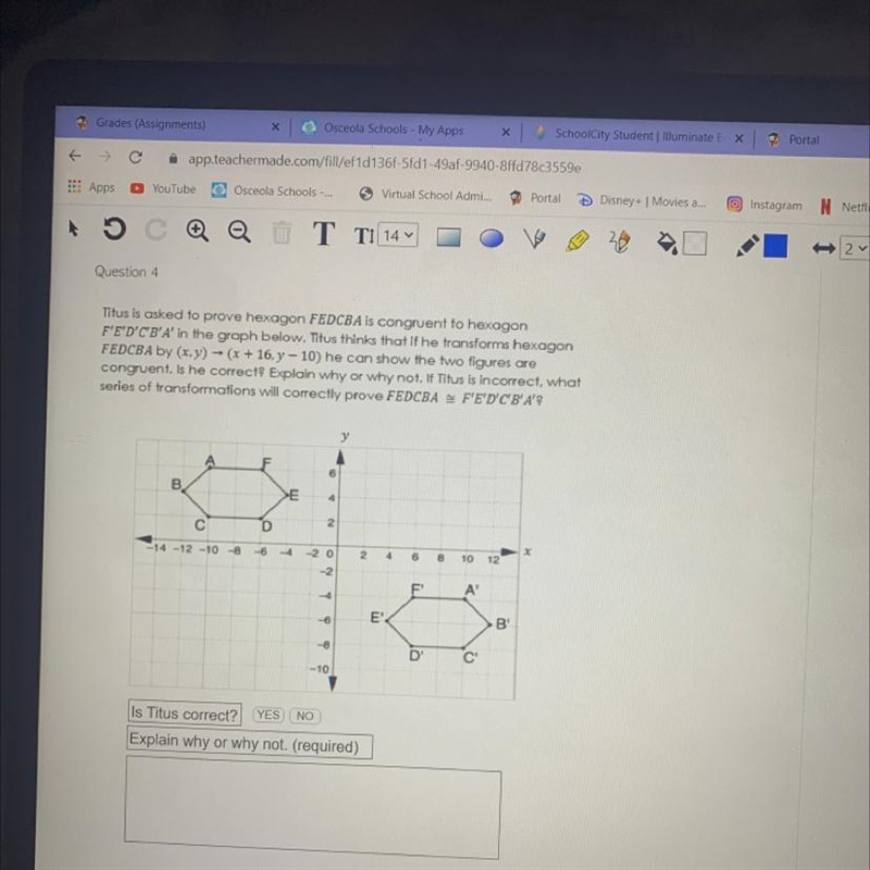 Titus is asked to prove hexagon FEDCBA is congruent to hexagon F'E'D'C'B'A' in the-example-1