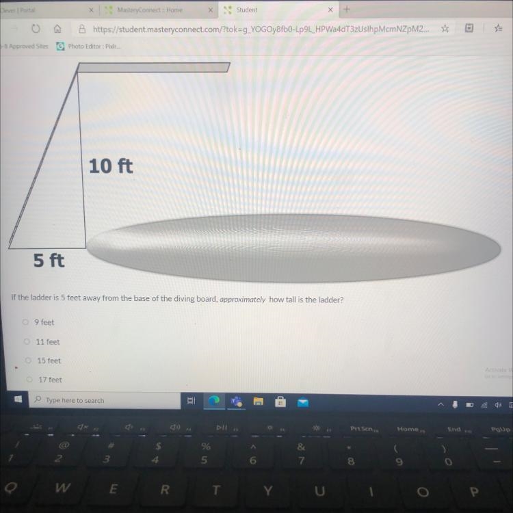 Consider a diving board that is 10 feet above a pool. If the ladder is 5 feet away-example-1