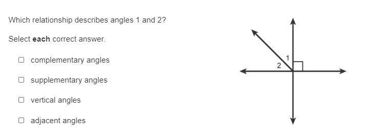 Which relationship describes angles 1 and 2? Select each correct answer. complementary-example-1