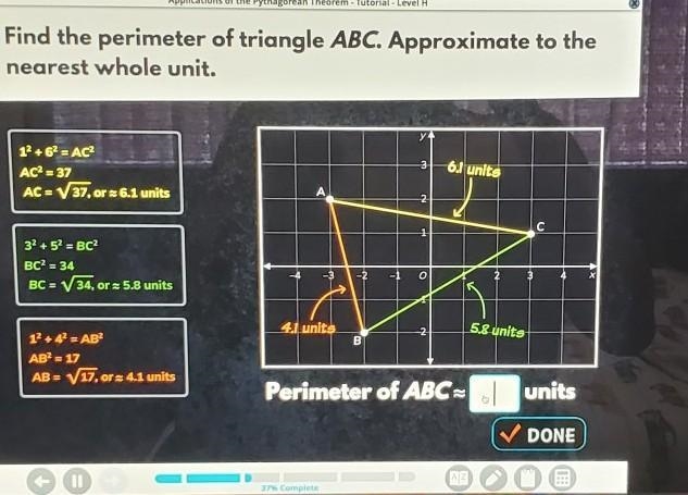 Find the perimeter of triangle ABC. Approximate to the nearest whole unit.​-example-1