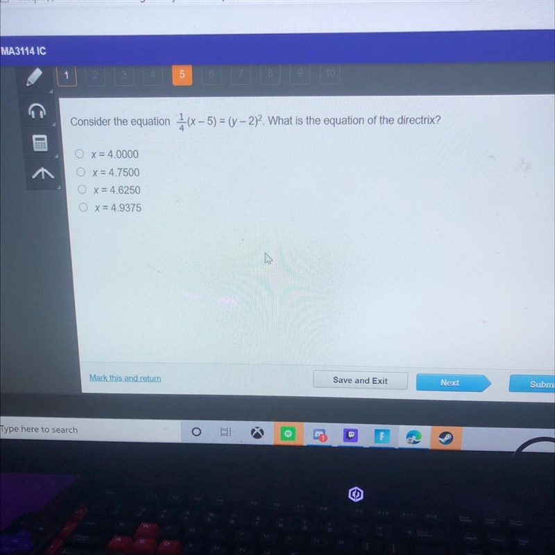 Consider the equation x-5) =(y-2)2. What is the equation of the directri? Hurry 20 points-example-1