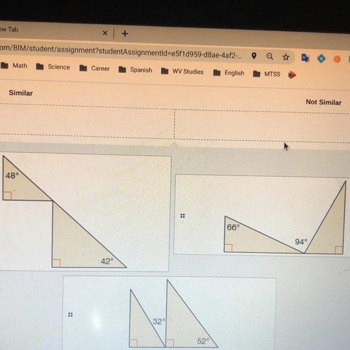 Drag and drop each pair of triangles to indicate whether the triangles are similar-example-1