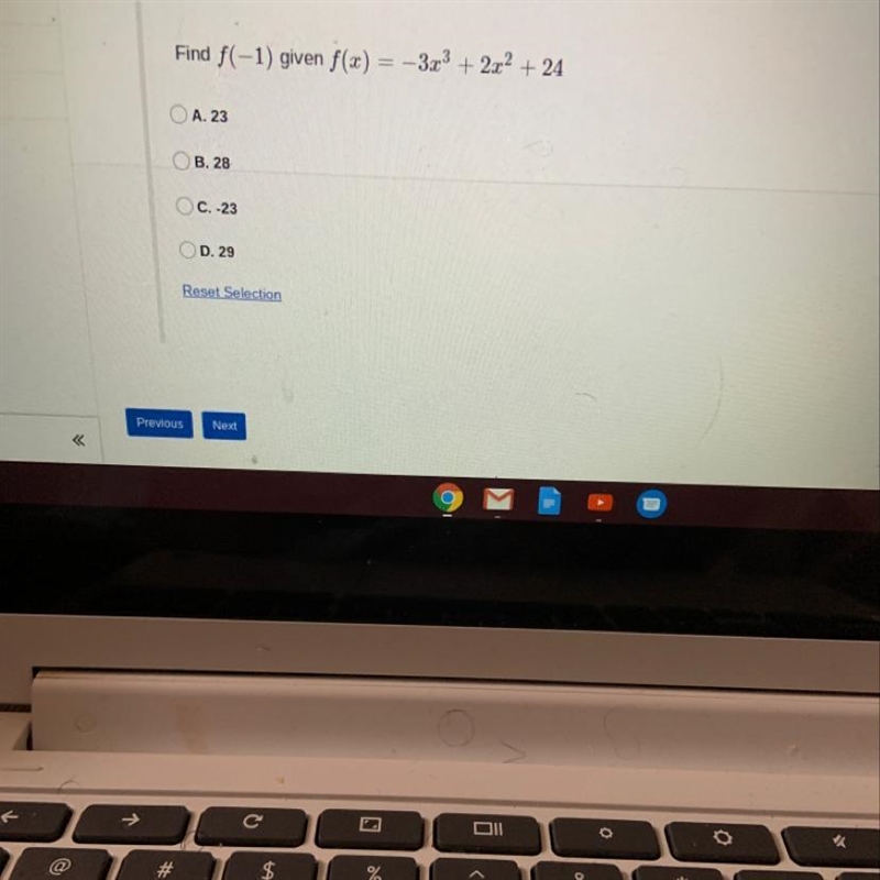 Find f(-1) given f(x)=-3x^3+2x^2+24 Help me please-example-1