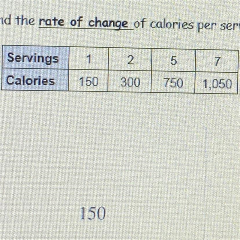 Find the rate of change of calories per serving. A:150 B:1/150 C:300 D:1/300-example-1