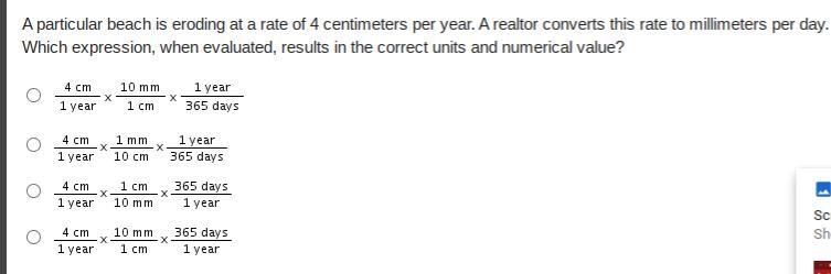 A particular beach is eroding at a rate of 4 centimeters per year. A realtor converts-example-1