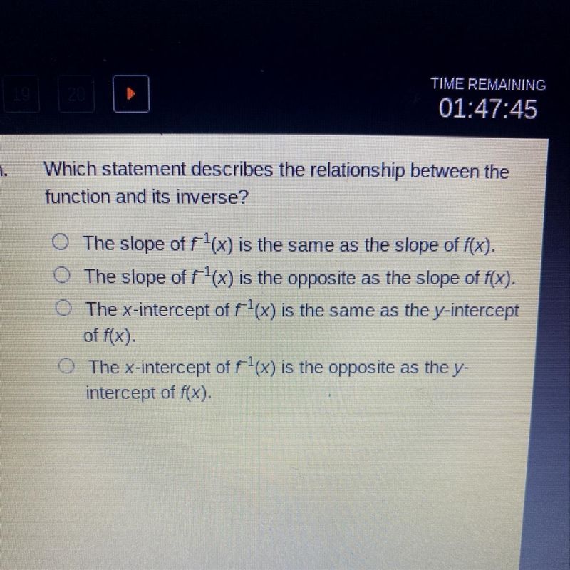 A function and its inverse are shown on the same graph. Which statement describes-example-1