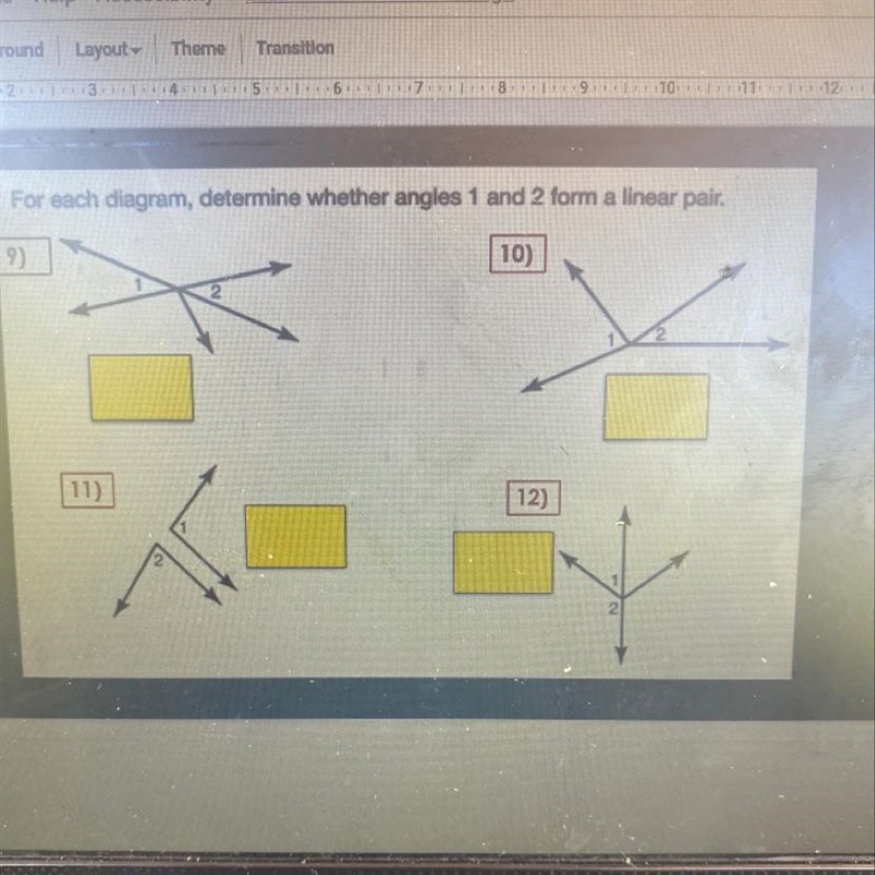 For each diagram, determine whether angles 1 & 2 form a linear pair, heeelp please-example-1