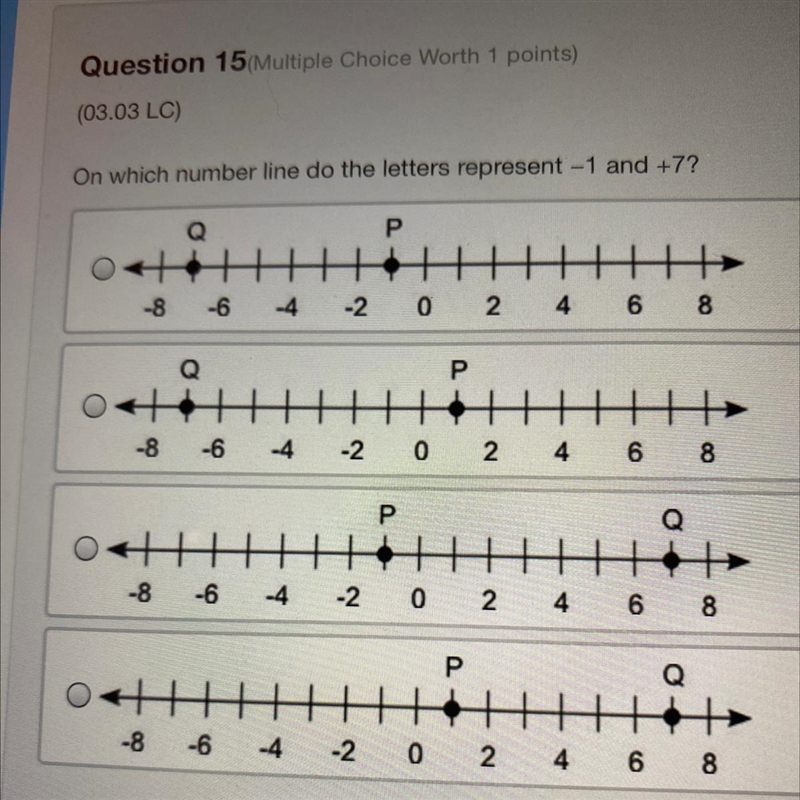 On which number line do the letters represent -1 and +7? P 1 -8 -6 -4 -2 O 2 4 8 6 Q-example-1