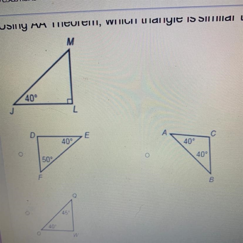 Using AA theorem , which triangle is similar to JML ?-example-1