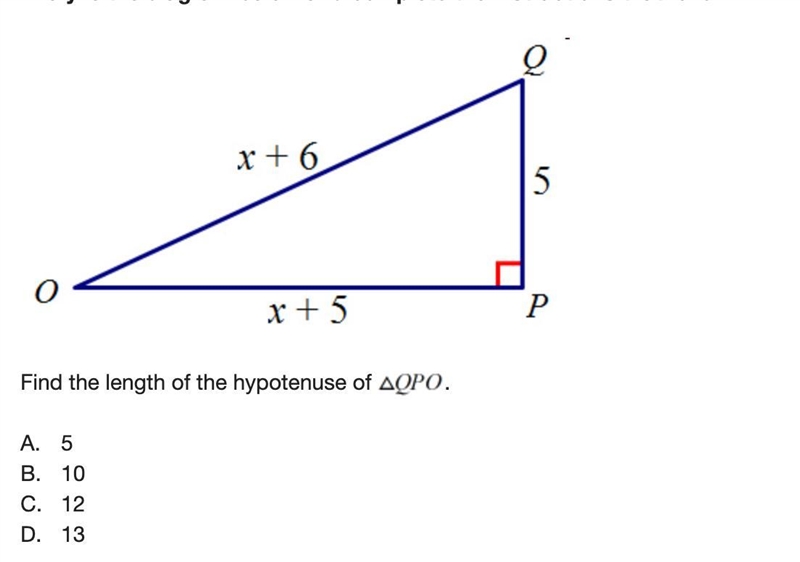 Find the length of the hypotenuse of QPO-example-1