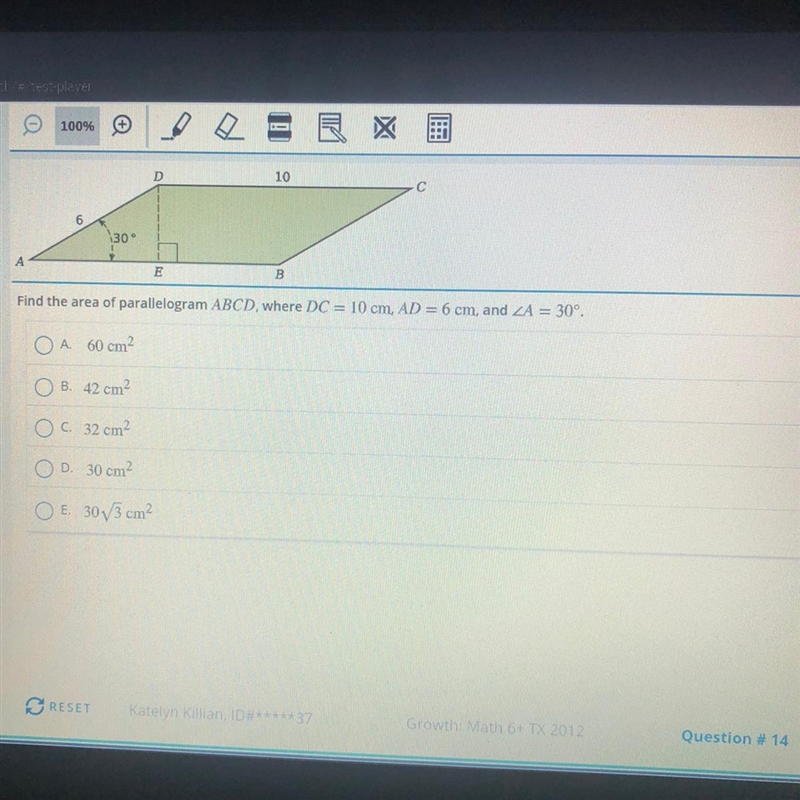 Find the area of the parallelogram ABCD, where DC = 10cm, AD = 6cm, and angle A = 30 degrees-example-1