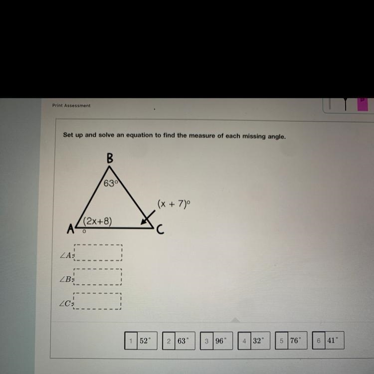 Set up and solve an equation to find the measure of each missing angle.-example-1