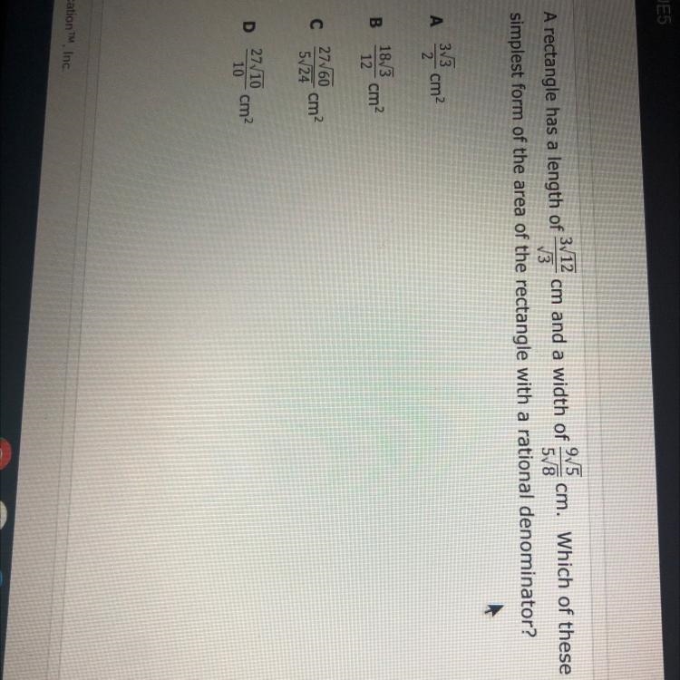 9/5 F 3V1? 6. A rectangle has a length of 3/12 cm and a width of cm. Which of these-example-1