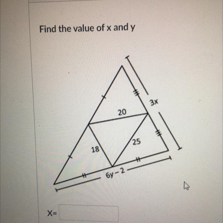 Find the value of x and y 3x 20 25 18 by-2 X= Y=-example-1