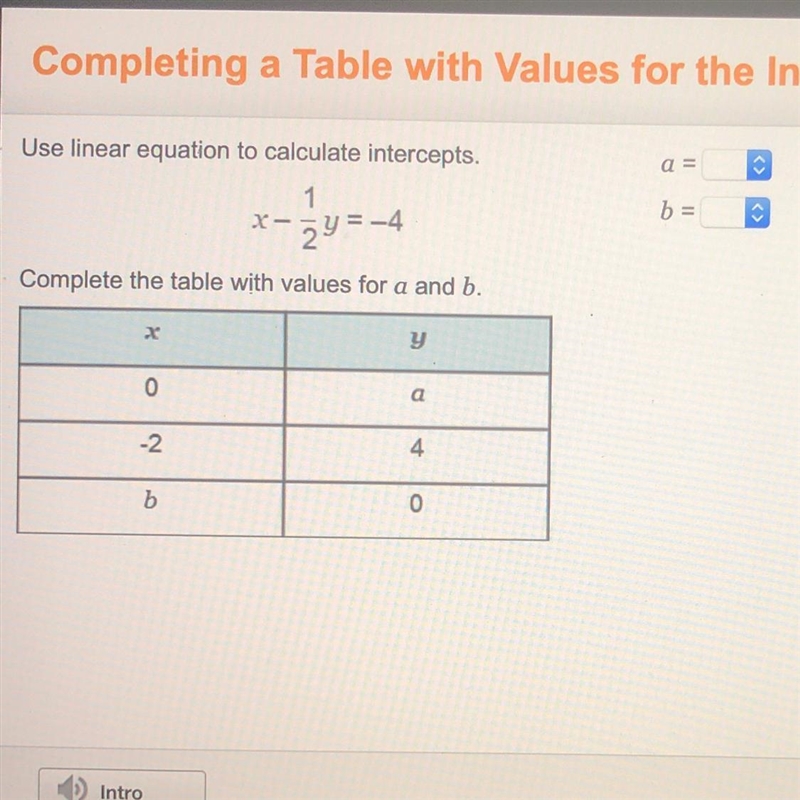 PLEASE HELP!!! Use linear equation to calculate intercepts. x - 1/2y=-4 complete the-example-1