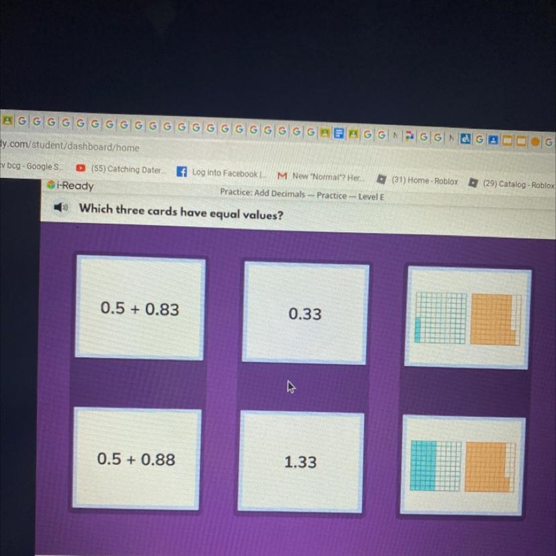 Three cards have equal values? 0.5 + 0.83 0.33 0.5+0.88 1.33-example-1