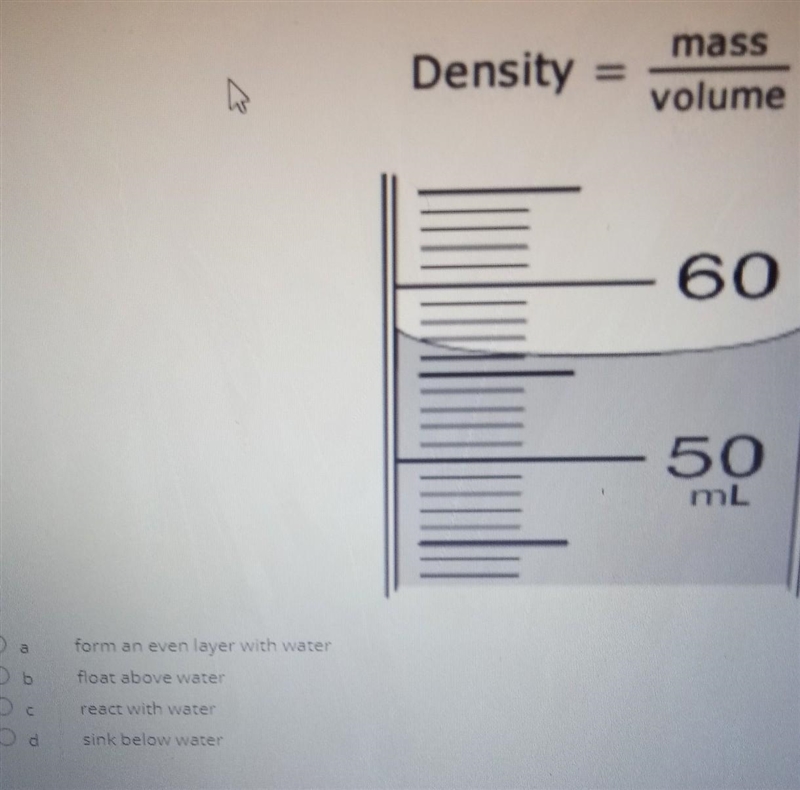 The mass of the liquid below is 45.5 grams if placed in a beaker with water the liquid-example-1