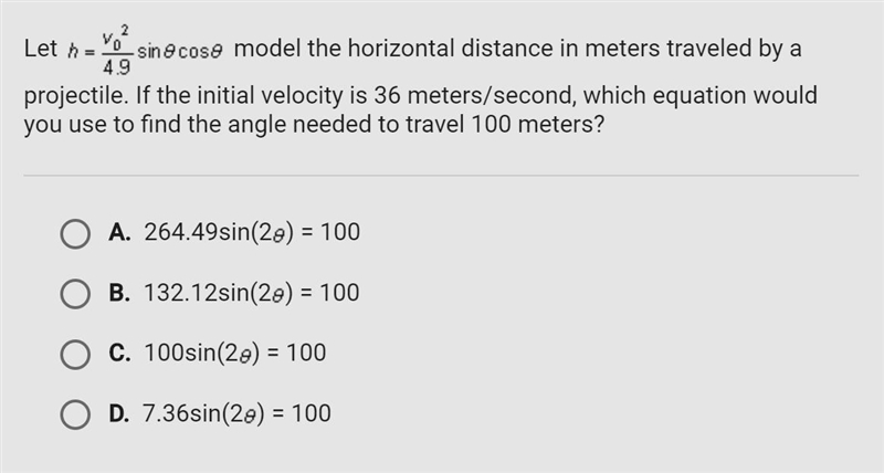 Let h=v0^2/4.9 sin theta cos theta . Model the horizontal distance in meters traveled-example-1