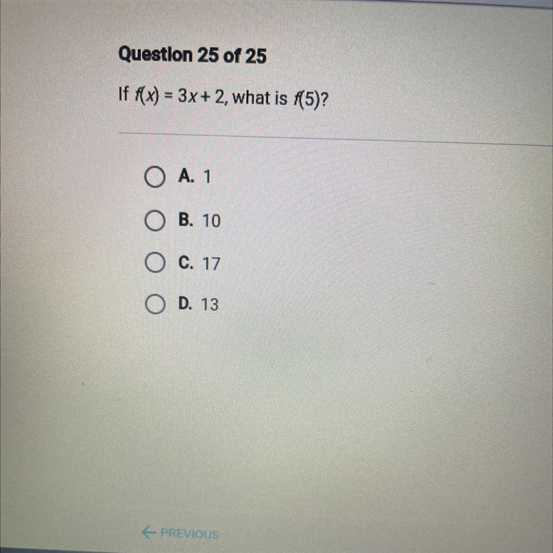 If f(x) = 3x + 2, what is f(5)?-example-1