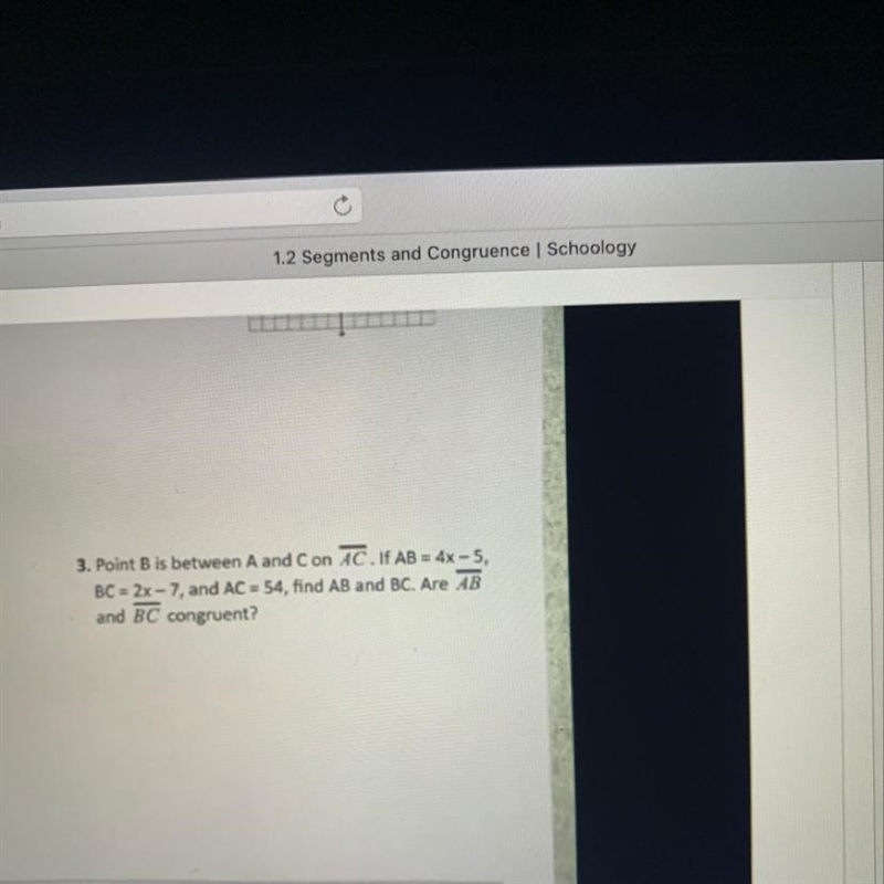 Point B is between A and Con AC. If AB = 4x - 5, BC = 2x - 7, and AC = 54, find AB-example-1