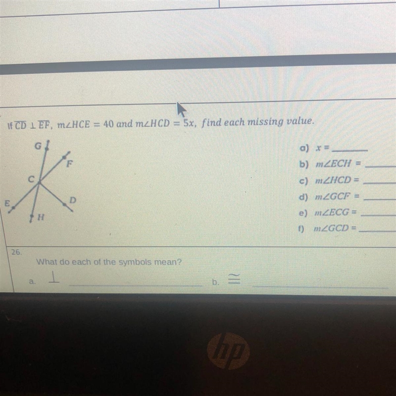 25. if CD 1 EF, m_HCE = 40 and mcHCD = 5x, find each missing value. K a) = b) mZECH-example-1