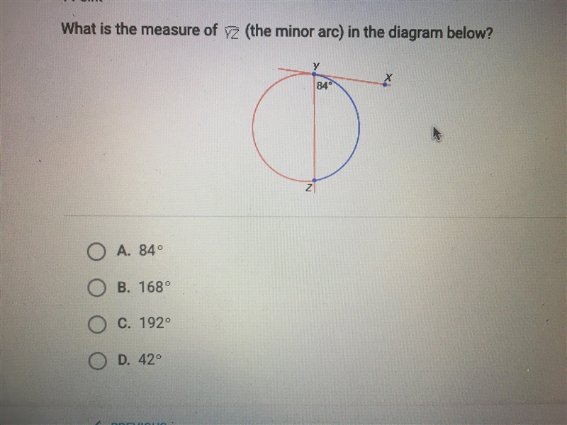 HELP ASAP PLEASE What is the measure of yz (the minor arc) in the diagram below? A-example-1