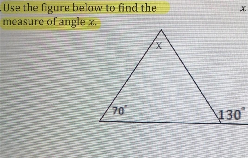 Use exterior angle of triangle theorem to find the missing measure of an angle in-example-1