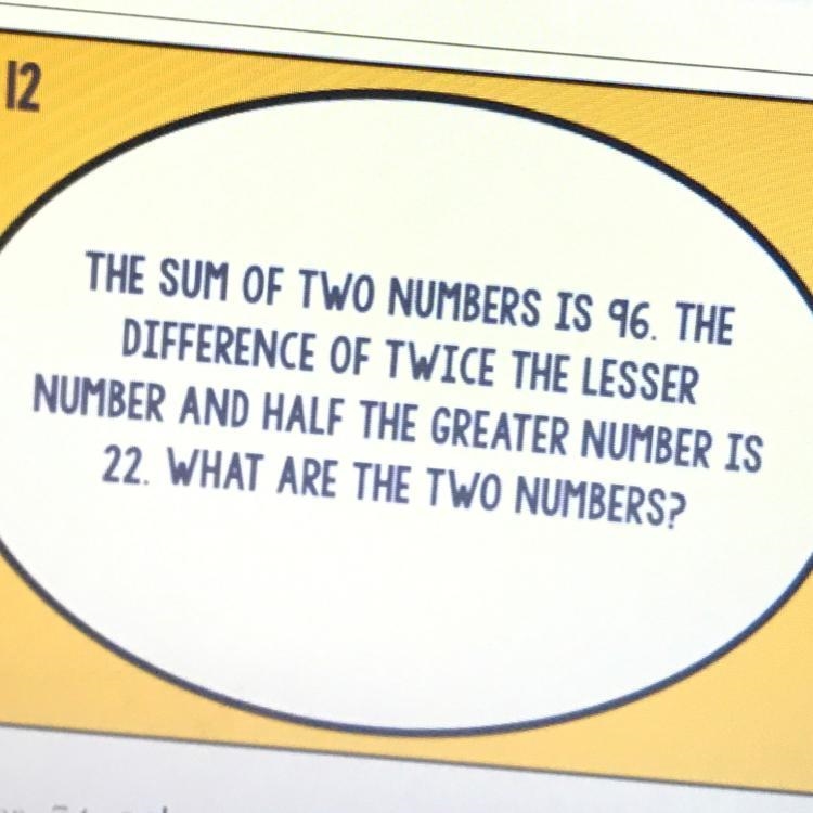 THE SUM OF TWO NUMBERS IS 96. THE DIFFERENCE OF TWICE THE LESSER NUMBER AND HALF THE-example-1