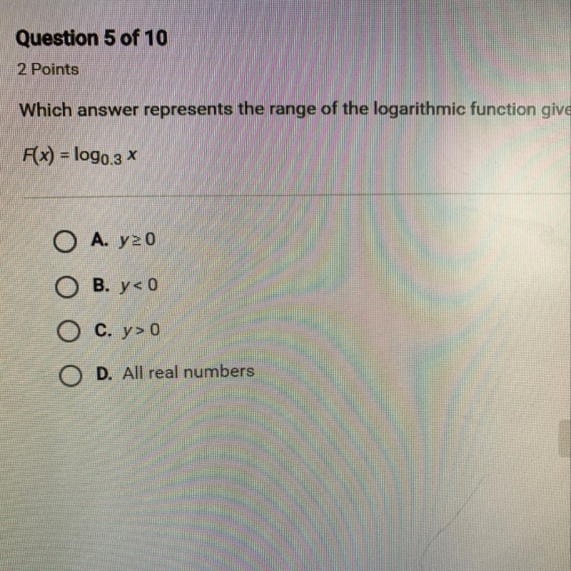 Which answer represents the range of the logarithmic function given below? f(x) = log-example-1