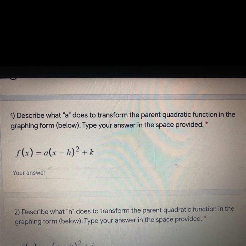 Describe what “a “does to transform the parent quadratic function in the graphing-example-1