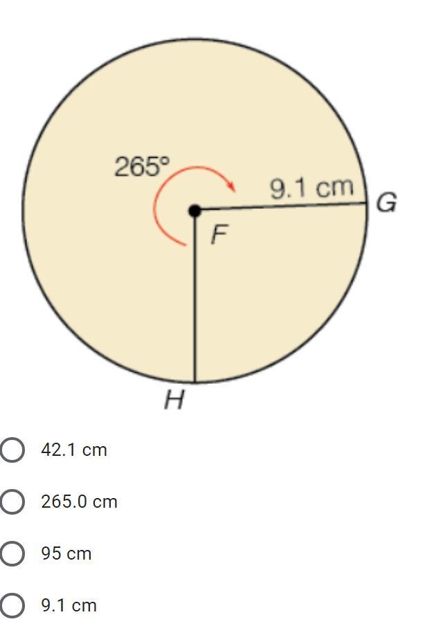 Find the arc length of major arc GH. Round your answer to the nearest tenth.-example-1