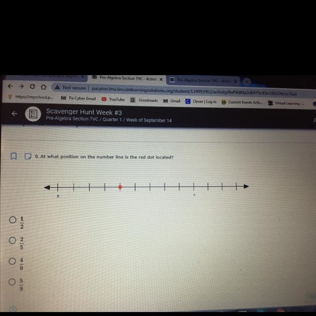 6. At what position on the number line is the red dot located? A:1/2 B:2/5 C:4/9 D-example-1