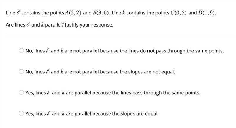 1) Please help. Are lines ℓ and k parallel? Justify your response.-example-1