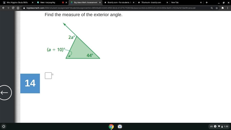 Find the measure of the exterior angle.-example-1