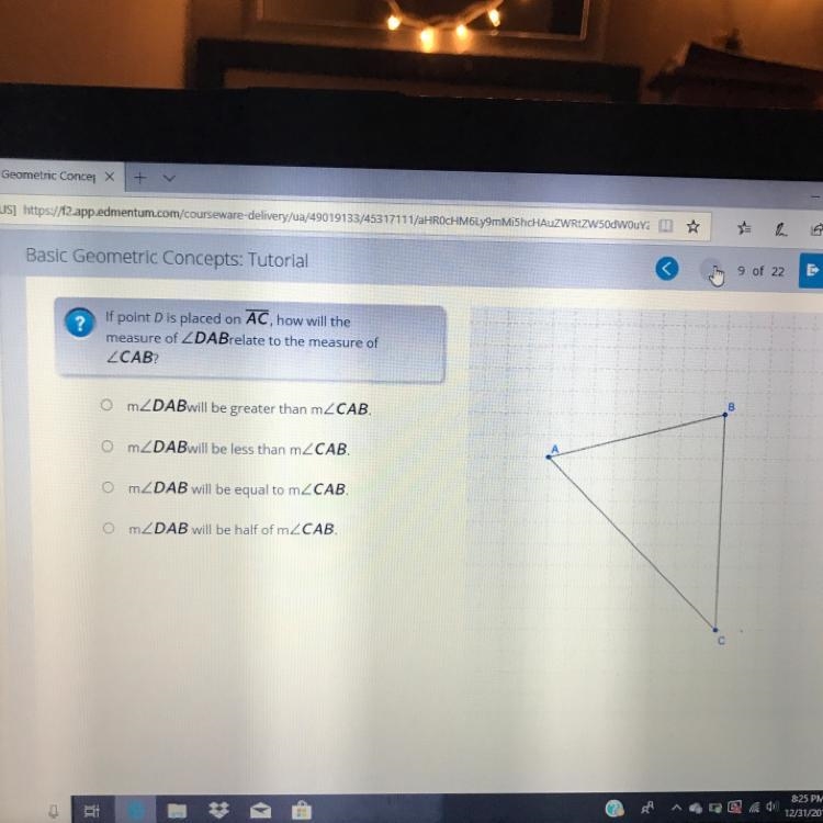 If point D is placed on AC, how will the measure of DAB relate to the measure of CAB-example-1