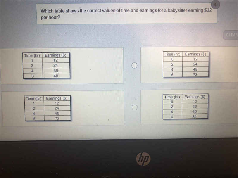 Which table shows the correct values of time an earnings for a babysitter and $12 per-example-1