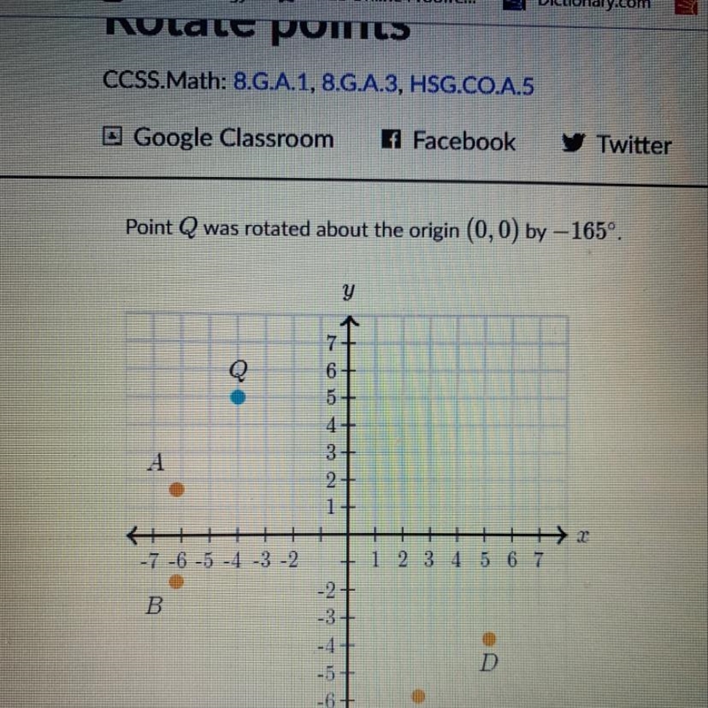 Point Q was rotated about the origin (0,0) by -165º.-example-1