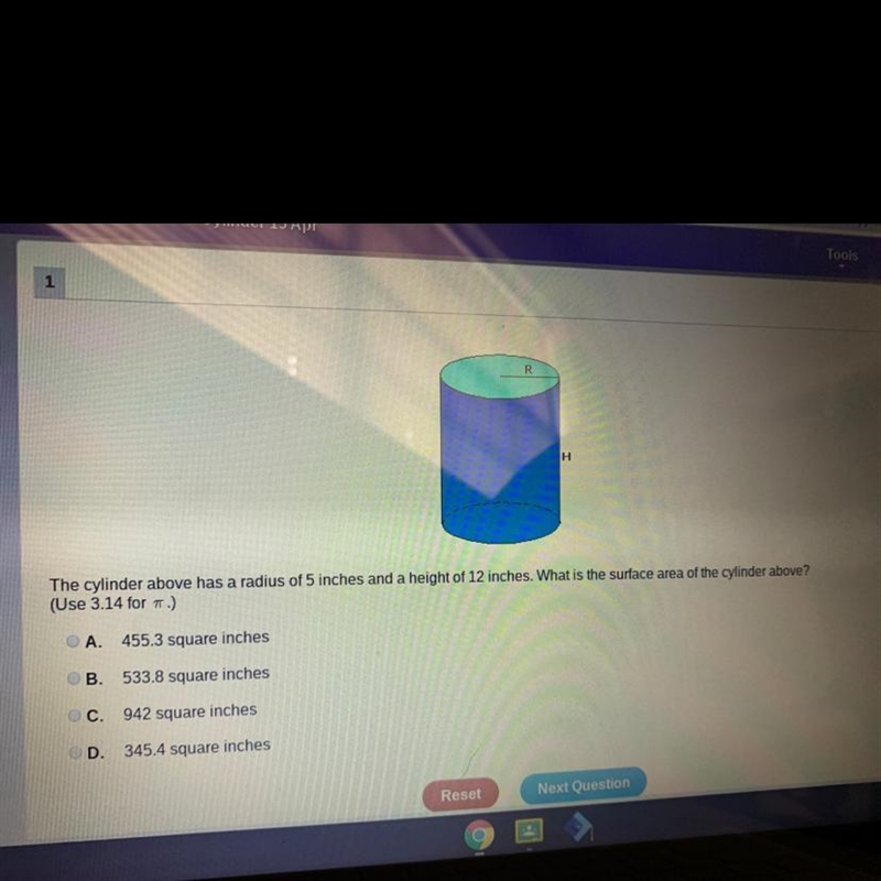 The cylinder above has a radius of 5 inches and a height of 12 inches. What is the-example-1