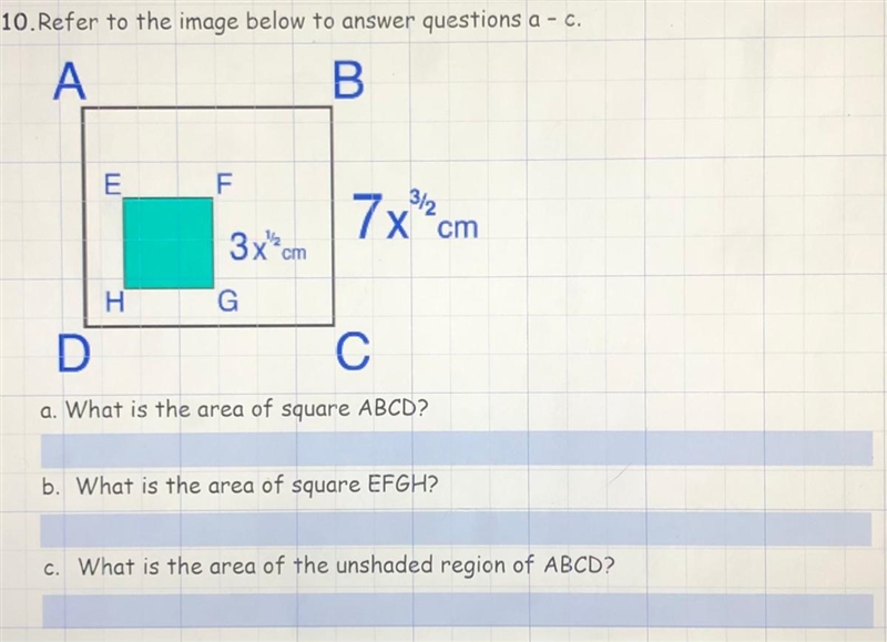 A. What is the area of square ABCD? B. What is the area of square EFGH? C. What is-example-1