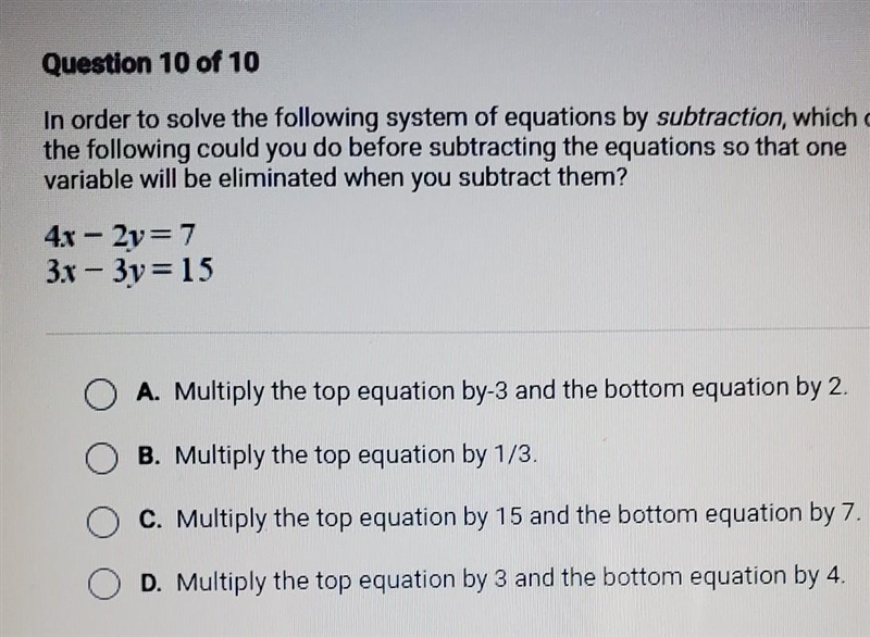 In order to solve the following system of equations by subtraction, which of the following-example-1