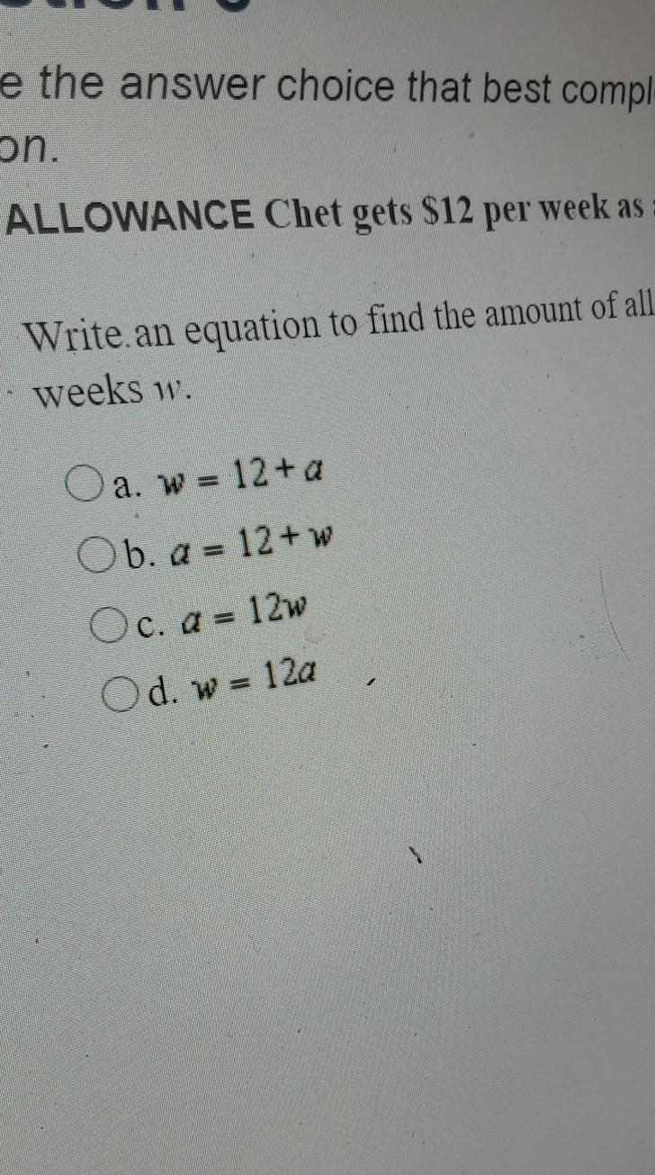 Write an equation to find the number of allowance a chet receive in any number of-example-1