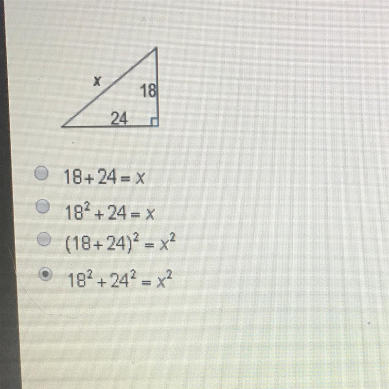 Which equation can be used to find x, the length of the hypotenuse of the right triangle-example-1