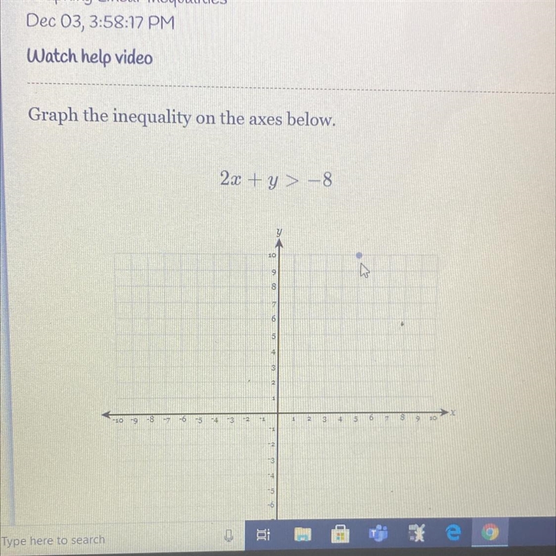 Graph the inequality on the axes below. 2x + y > -8 Y 10 9 8 6 5 -9 -S - - 5 -- 3 -2 3 + 2 3 + 5 9 10-example-1