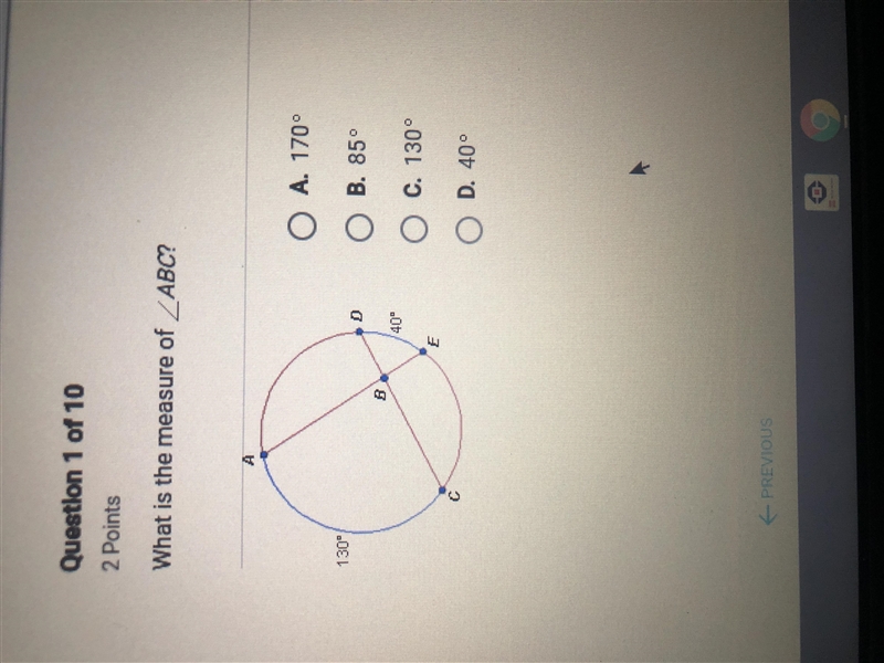 What is the measure of angle abc if arc ac is 130 and arc de is 40-example-1