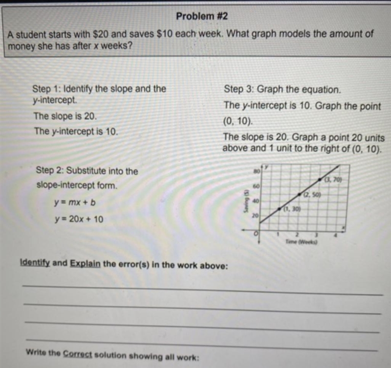 A student starts with $20 and saves $10 each week. What graph models the amount of-example-1